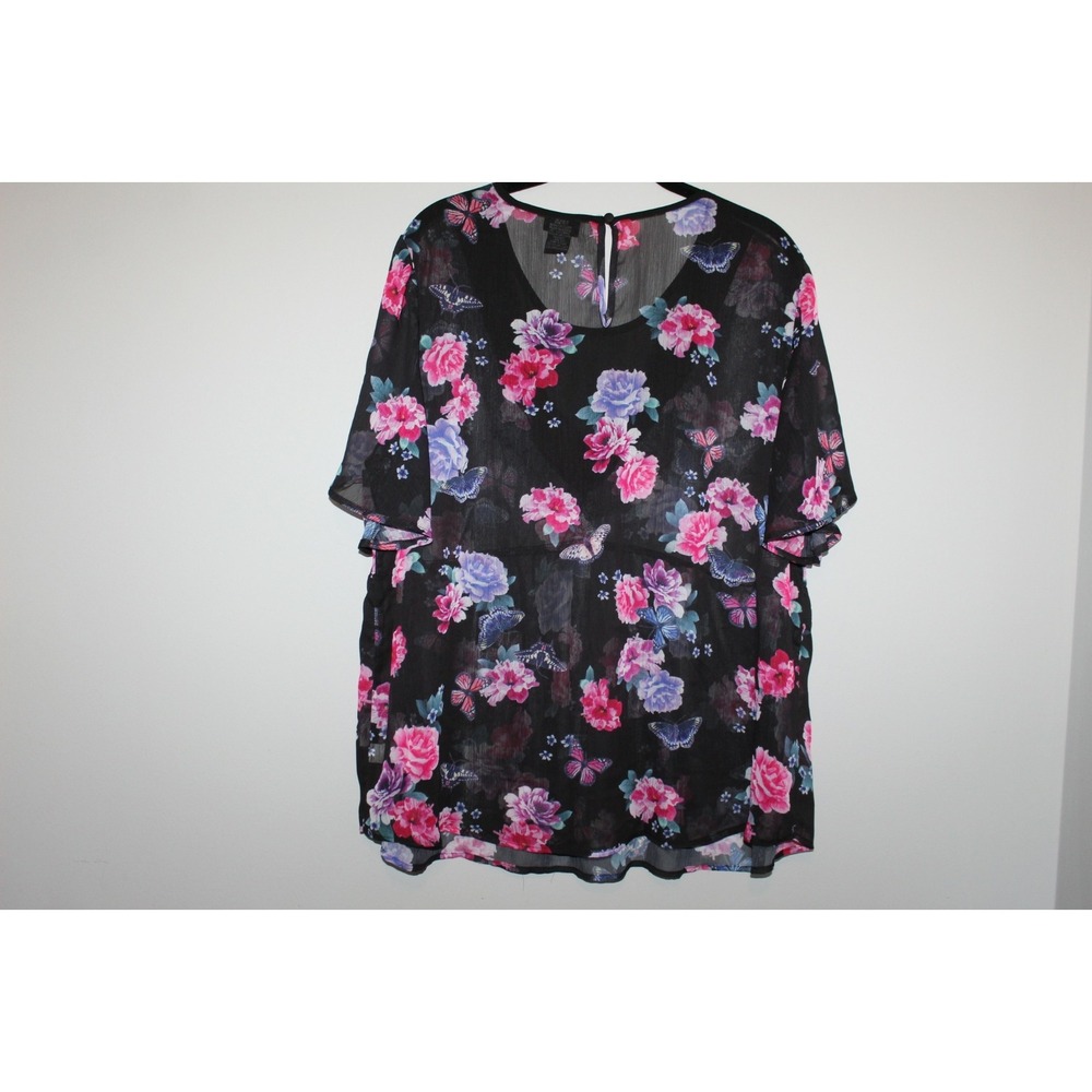 Torrid Multi Color Floral Print Crinkled Chiffon Lace Trim Top Size 1 1X HW9432 - Picture 7 of 8